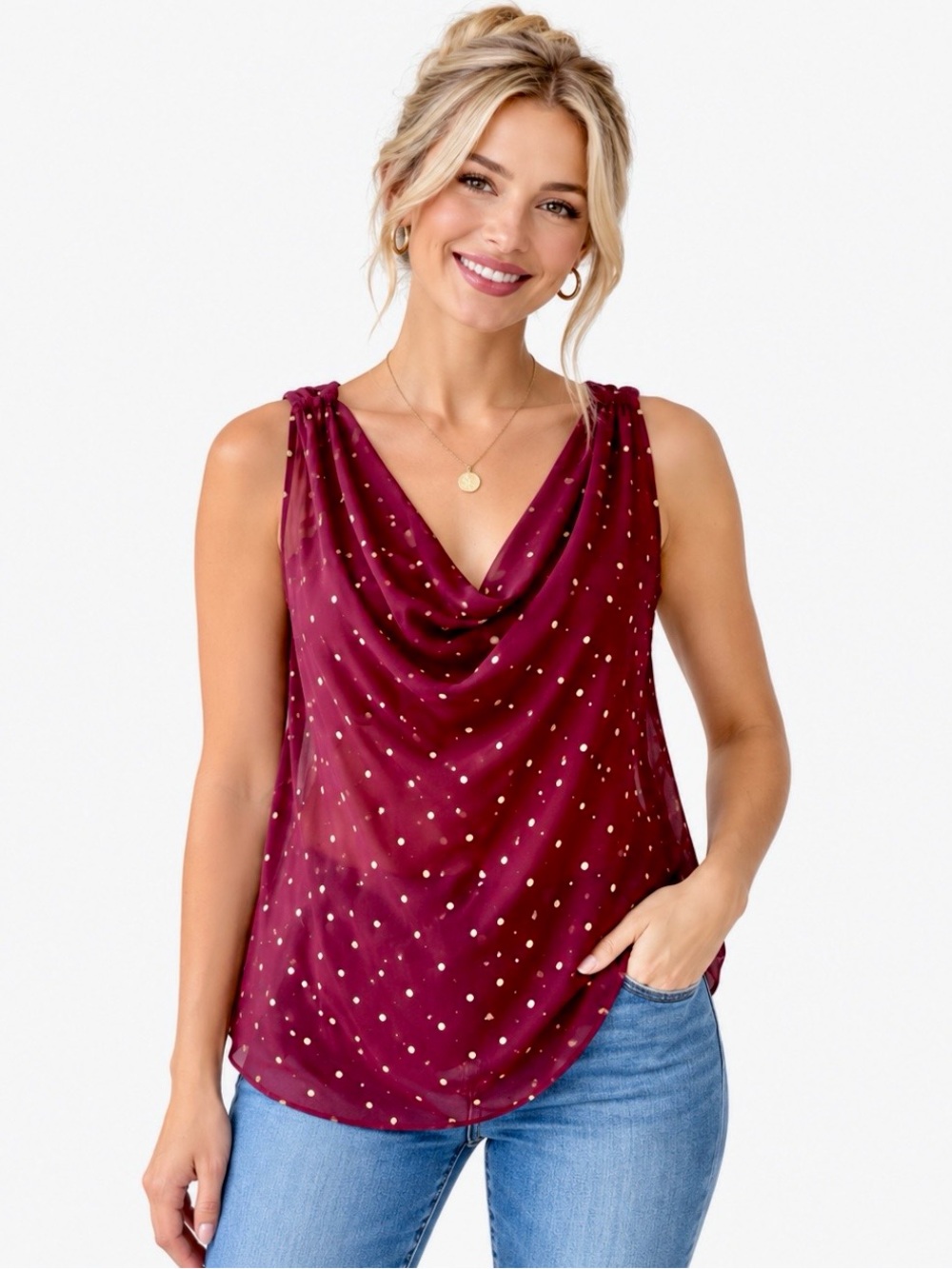 Worthington Burgundy Gold Foil Dot Cowl Neck Sleeveless Blouse Size Large